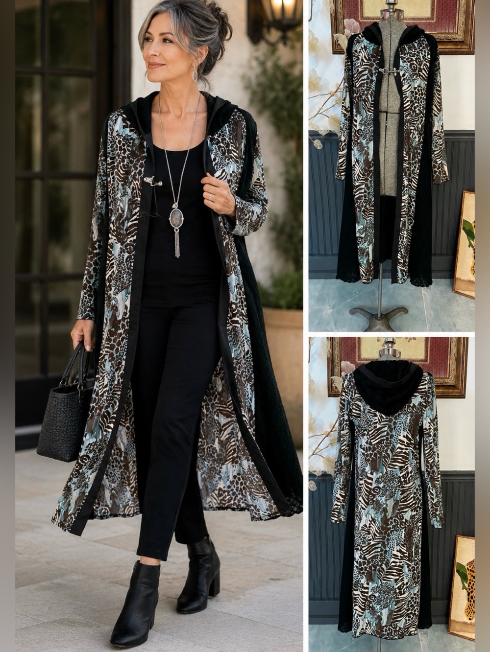 Just Living Hooded Animal Print Duster Cardigan Semi Sheer Made USA Sz M 💛🎀